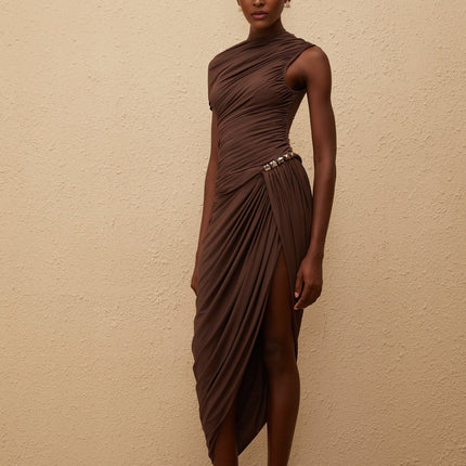 Julianna Brown Midi Dress Terylene Fiber Ruched Detailing Silver Hardware Asymmetrical Design Rear Zip Fastening Elegant Sophisticated