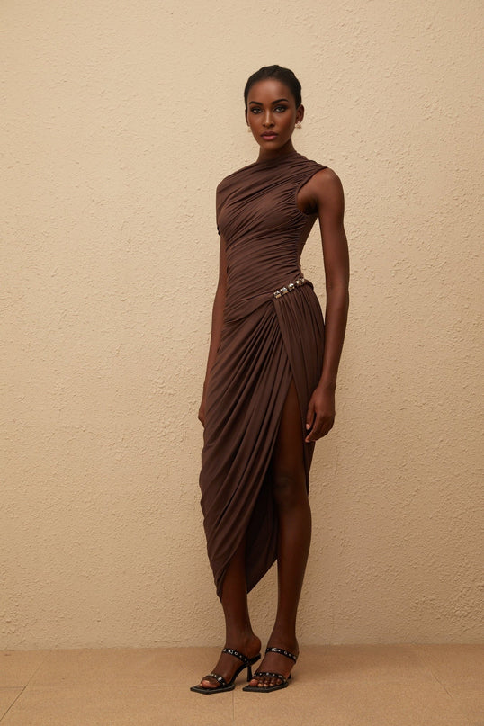 Julianna Brown Midi Dress Terylene Fiber Ruched Detailing Silver Hardware Asymmetrical Design Rear Zip Fastening Elegant Sophisticated
