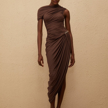 Julianna Brown Midi Dress Terylene Fiber Ruched Detailing Silver-tone Hardware Asymmetrical Design Rear Zip Fastening Elegant Sophisticated Modern Stylish Silhouette