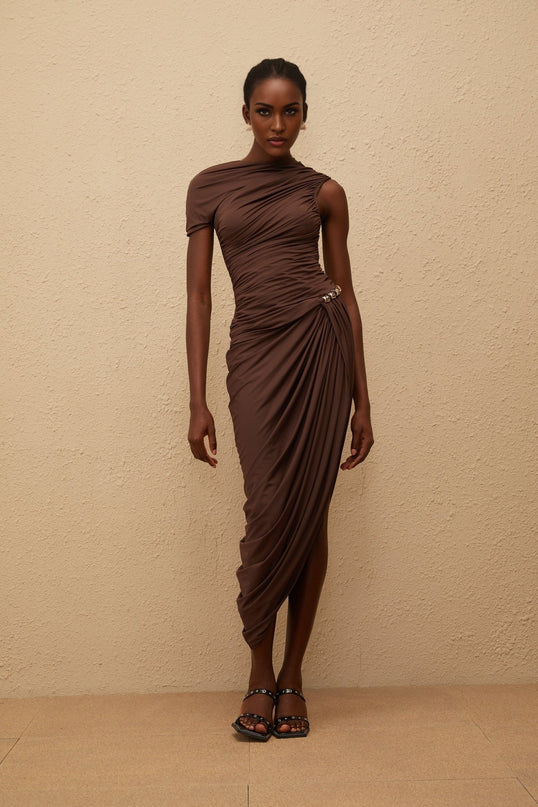 Julianna Brown Midi Dress Terylene Fiber Ruched Detailing Silver-tone Hardware Asymmetrical Design Rear Zip Fastening Elegant Sophisticated Modern Stylish Silhouette