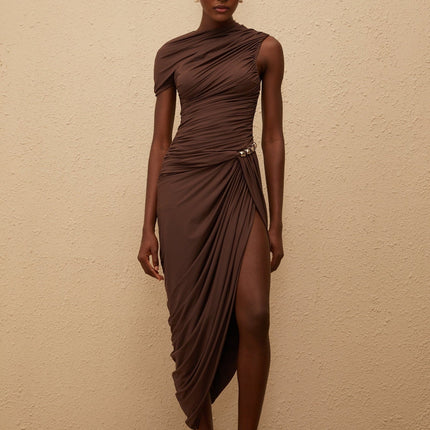 Julianna Midi Dress in Brown Terylene Fiber with Ruched Detailing and Silver-tone Hardware