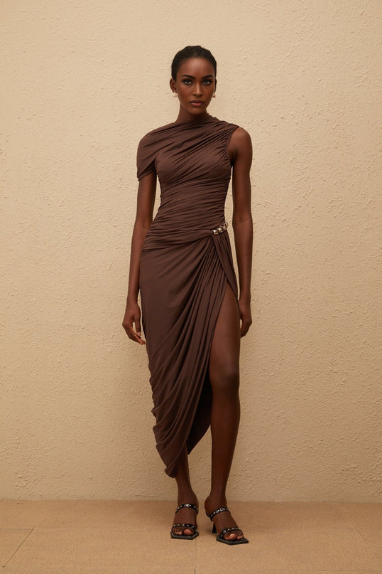 Julianna Midi Dress in Brown Terylene Fiber with Ruched Detailing and Silver-tone Hardware