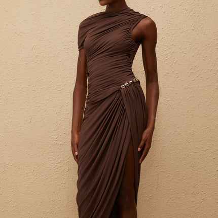 Julianna Midi Dress Brown Terylene Fitted Ruched Asymmetrical Embossed Silver Zip Fastening