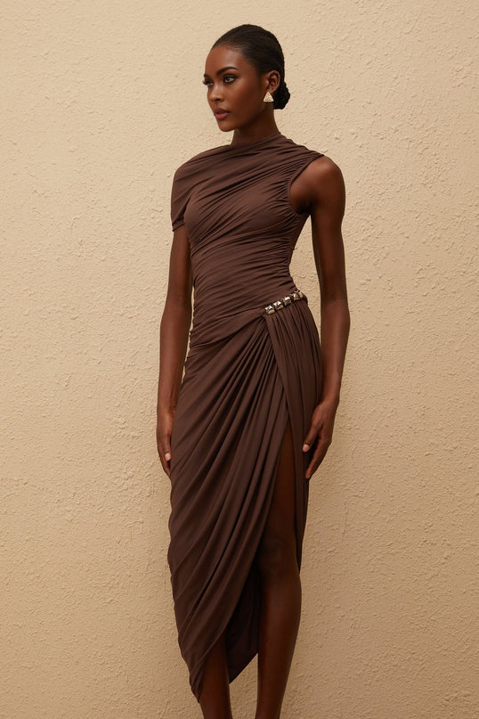 Julianna Midi Dress Brown Terylene Fitted Ruched Asymmetrical Embossed Silver Zip Fastening