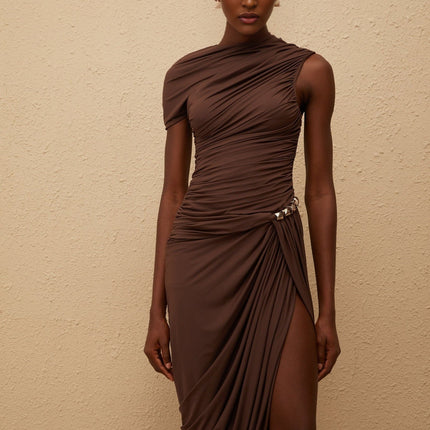 Julianna Midi Dress in Rich Brown Terylene Fiber Fitted Waistline Ruched Detailing Asymmetrical Design Embossed Silver-Tone Hardware Rear Zip Fastening