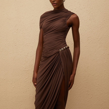 Julianna Midi Dress Brown Terylene Fitted Ruched Asymmetrical Embossed Silver Zip Elegant Sophisticated