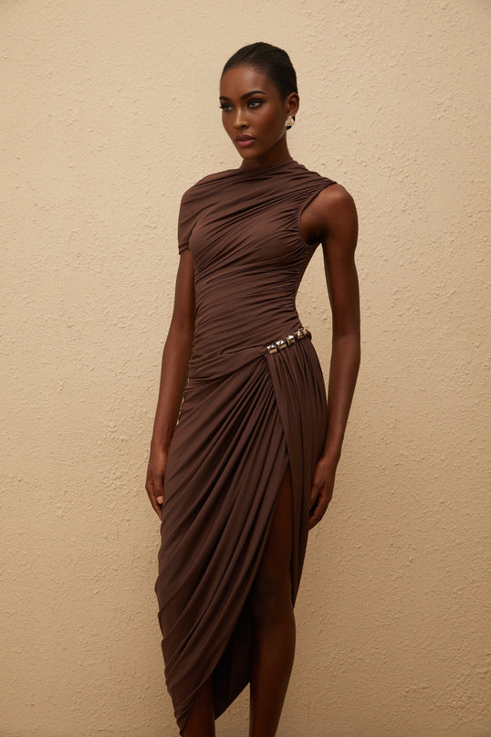 Julianna Midi Dress Brown Terylene Fitted Ruched Asymmetrical Embossed Silver Zip Elegant Sophisticated