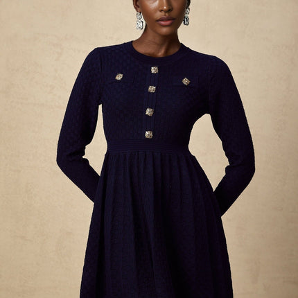 Julianna Navy Blue Basket Weave Knit Mini Dress with Square Buttons and Faux Pockets