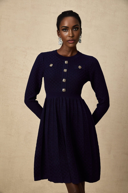 Julianna Navy Blue Basket Weave Knit Mini Dress with Square Buttons and Faux Pockets