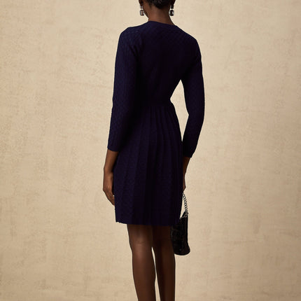 Julianna Navy Blue Basket Weave Knit Mini Dress with Square Buttons and Faux Pockets