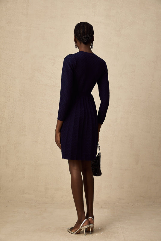 Julianna Navy Blue Basket Weave Knit Mini Dress with Square Buttons and Faux Pockets