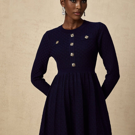 Julianna Navy Blue Basket Weave Knit Mini Dress with Square Buttons and Faux Pockets