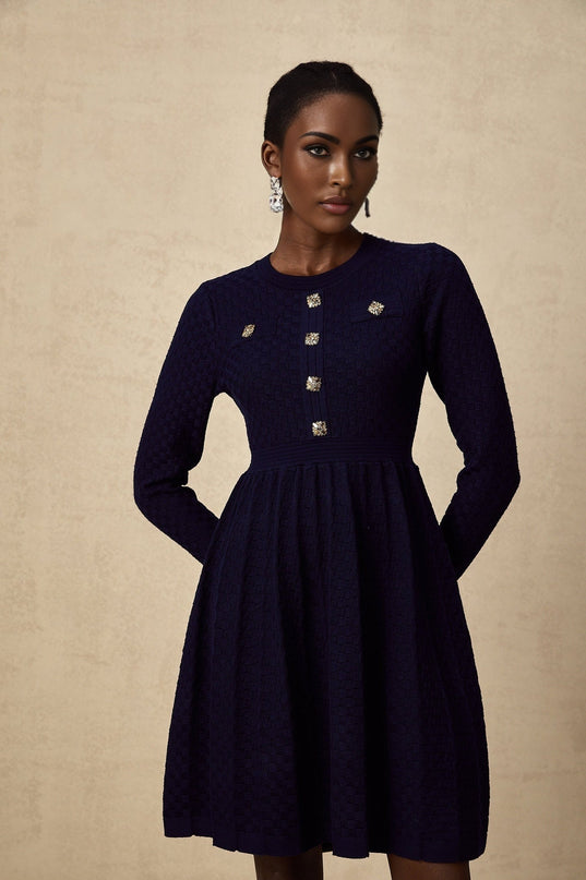 Julianna Navy Blue Basket Weave Knit Mini Dress with Square Buttons and Faux Pockets