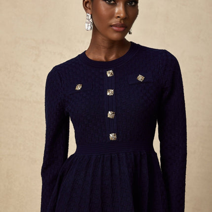 Julianna Navy Blue Basket Weave Knit Mini Dress with Round Neck and Square Buttons