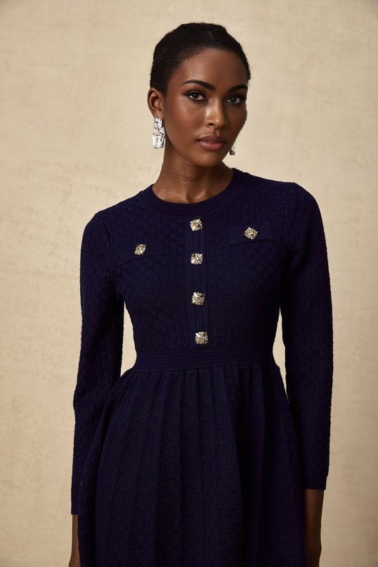 Julianna Navy Blue Basket Weave Knit Mini Dress with Round Neck and Square Buttons