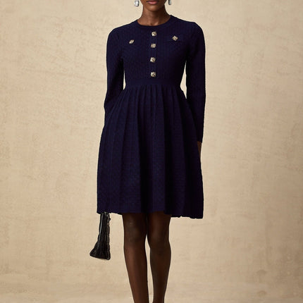 Julianna Navy Blue Basket Weave Knit Mini Dress Round Neck Long Sleeves Cinched Waist Pleated Skirt Square Buttons Faux Pockets Knee Length Terylene Nylon Wool Blend Elegant Fashion