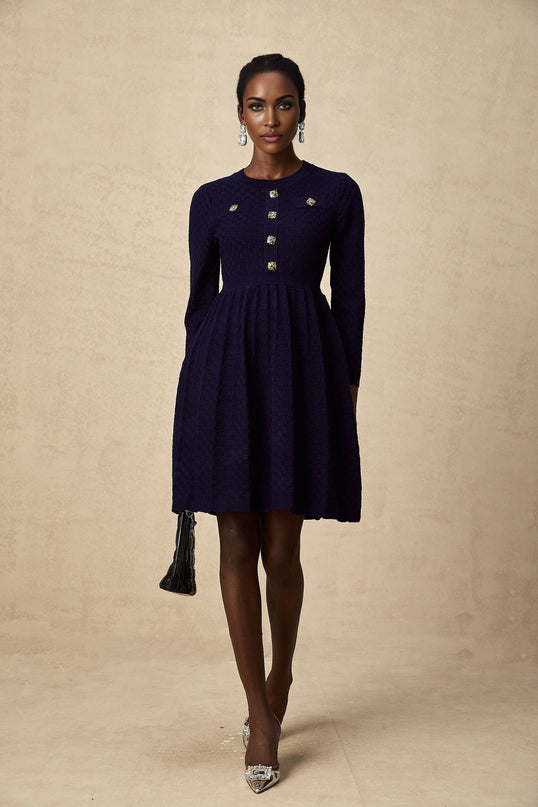 Julianna Navy Blue Basket Weave Knit Mini Dress Round Neck Long Sleeves Cinched Waist Pleated Skirt Square Buttons Faux Pockets Knee Length Terylene Nylon Wool Blend Elegant Fashion