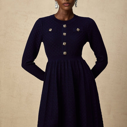 Julianna Navy Blue Mini Dress with Round Neck and Pleated Skirt