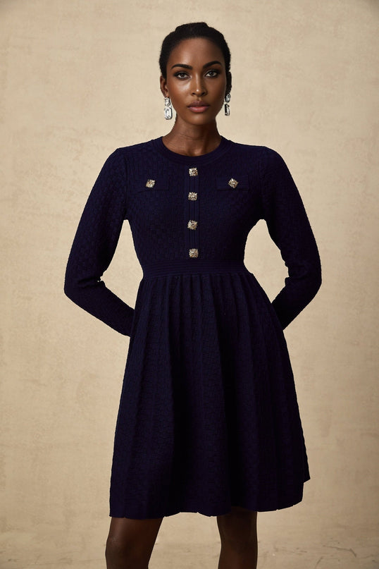 Julianna Navy Blue Mini Dress with Round Neck and Pleated Skirt