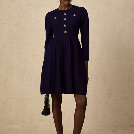 Julianna Navy Blue Basket Weave Knit Mini Dress with Square Buttons and Faux Pockets