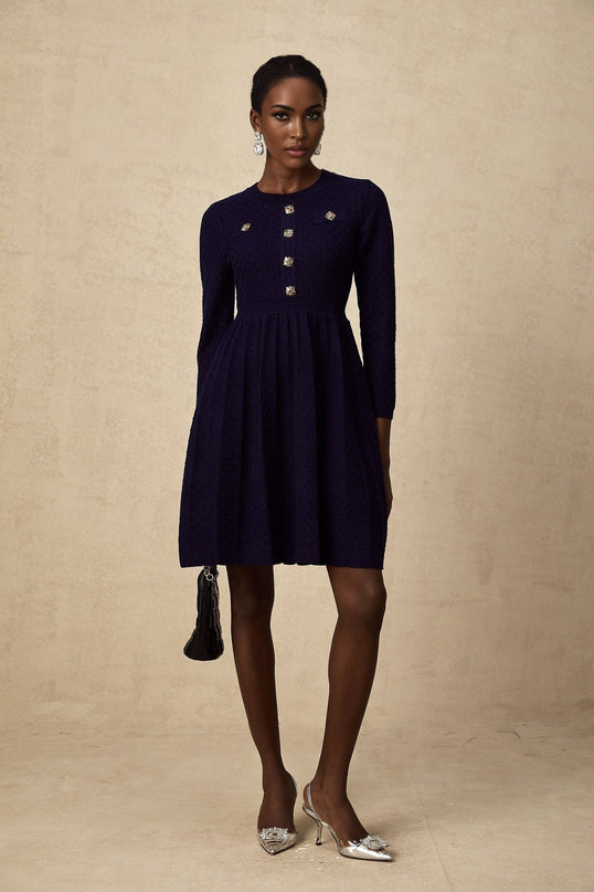 Julianna Navy Blue Basket Weave Knit Mini Dress with Square Buttons and Faux Pockets
