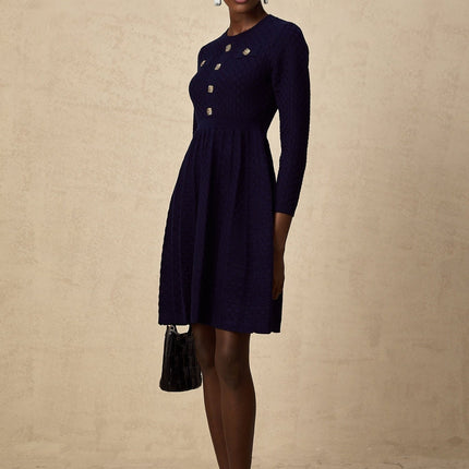 Julianna Navy Blue Basket Weave Knit Mini Dress with Round Neck and Pleated Skirt