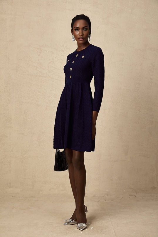 Julianna Navy Blue Basket Weave Knit Mini Dress with Round Neck and Pleated Skirt