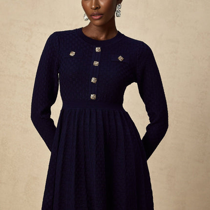 Julianna Navy Blue Basket Weave Knit Mini Dress with Square Buttons and Faux Pockets