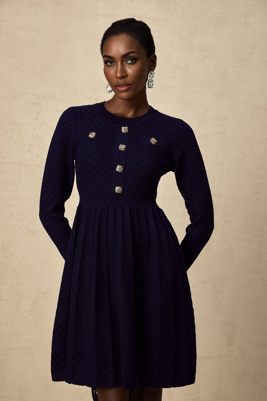 Julianna Navy Blue Basket Weave Knit Mini Dress with Square Buttons and Faux Pockets