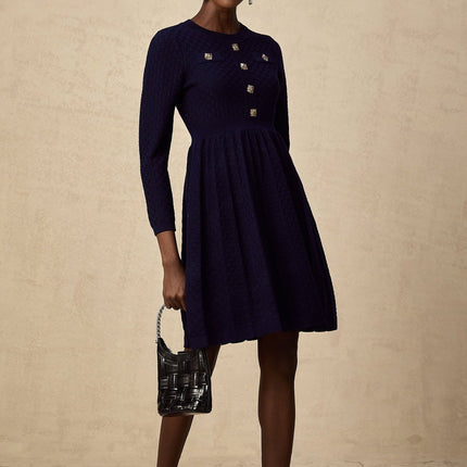 Julianna Navy Blue Basket Weave Knit Mini Dress with Square Buttons and Faux Pockets