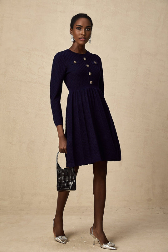 Julianna Navy Blue Basket Weave Knit Mini Dress with Square Buttons and Faux Pockets