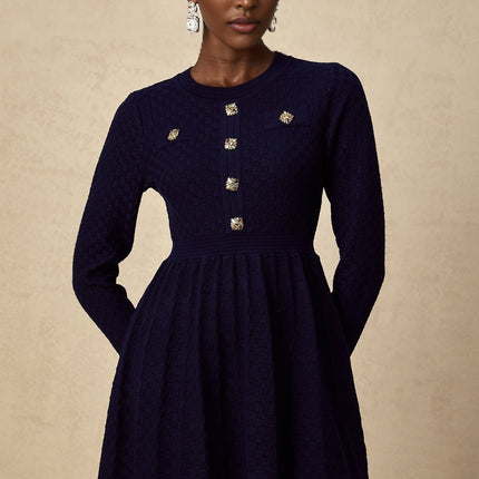 Julianna Navy Blue Basket Weave Knit Mini Dress with Square Buttons and Faux Pockets