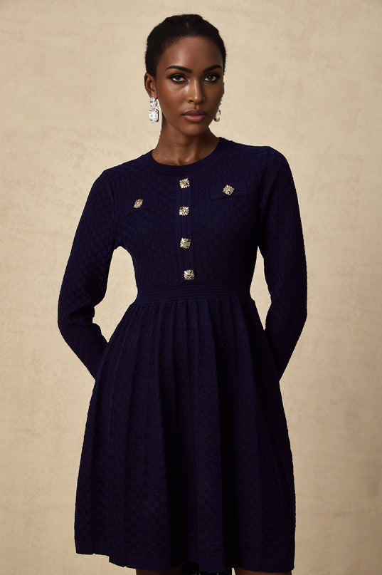 Julianna Navy Blue Basket Weave Knit Mini Dress with Square Buttons and Faux Pockets