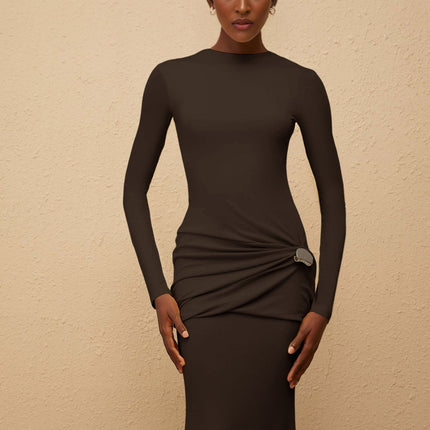 Juliet Maxi Dress in Brown crew neck long sleeves fitted waistline gathered detailing shirred panel embossed silver-tone hardware rear slit flared hem Lyocell Spandex composition elegant occasion