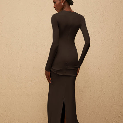 Juliet Maxi Dress in Brown with crew neck, long sleeves, fitted waistline, shirred panel, and silver-tone hardware