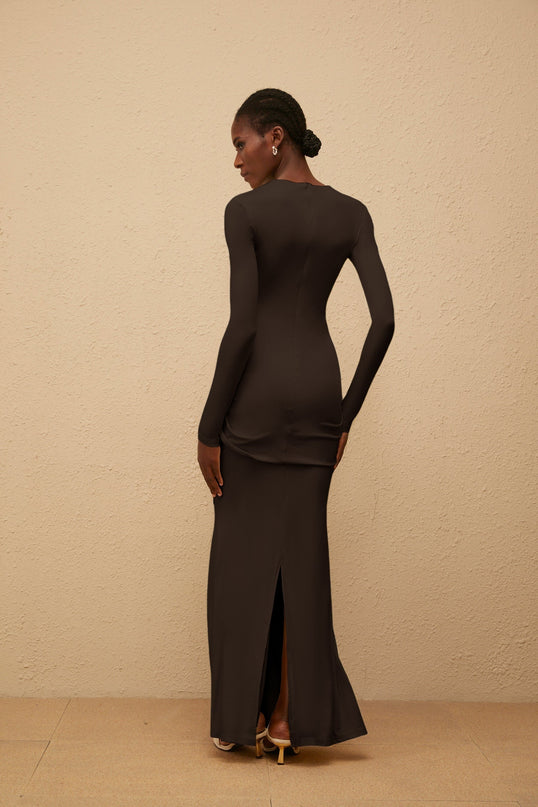 Juliet Maxi Dress in Brown with crew neck, long sleeves, fitted waistline, shirred panel, and silver-tone hardware