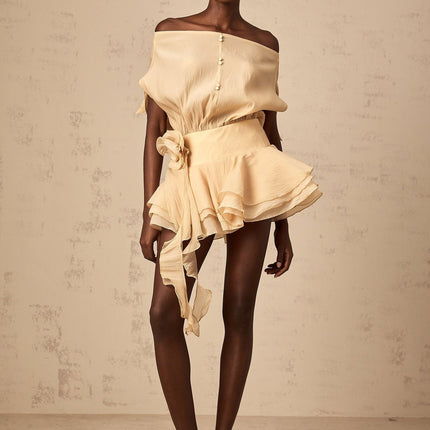 Juliet Mini Dress in Neutrals with Floral Appliqués and Pleated Detailing