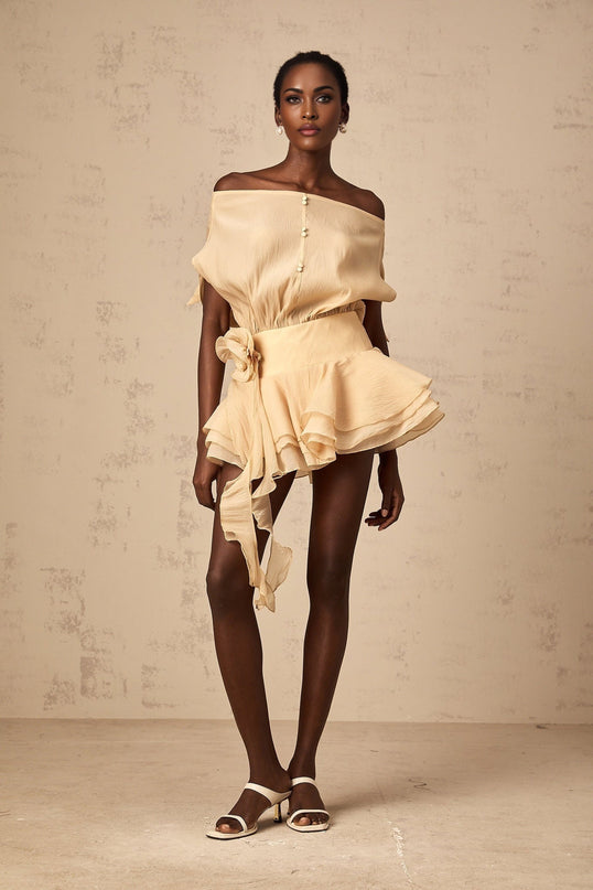Juliet Mini Dress in Neutrals with Floral Appliqués and Pleated Detailing