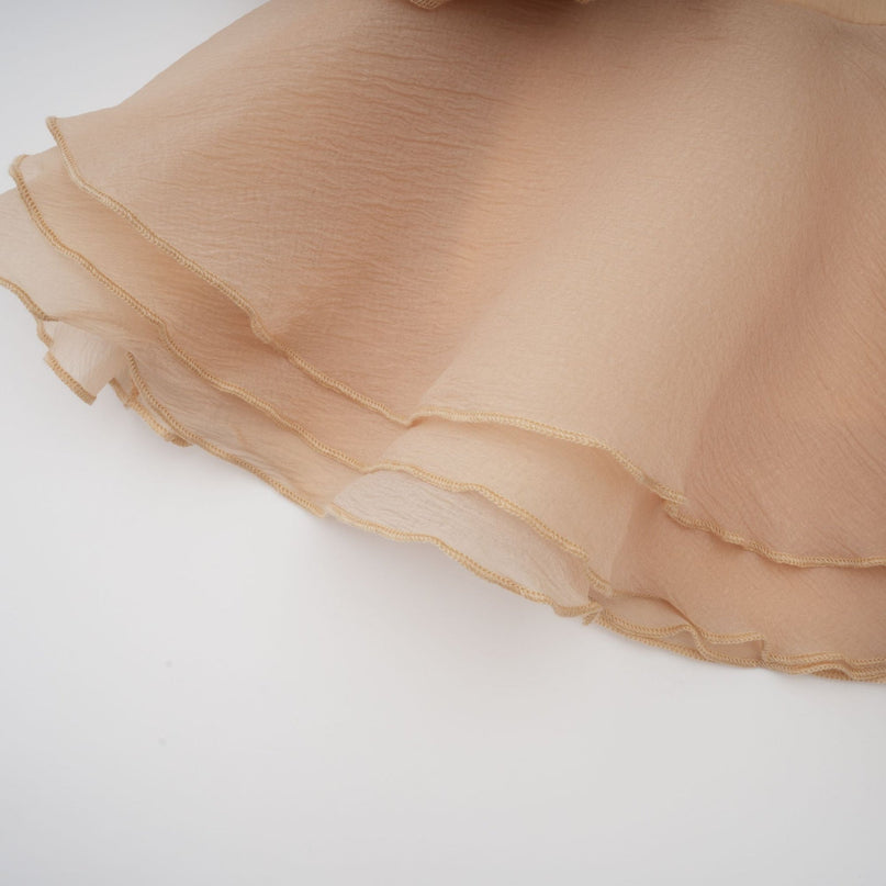 Juliet Mini Dress Neutrals Floral Appliqués Pleated Off-Shoulder Silhouette Cinched Waist Tiered Skirt Flounce Hem Ribbon Detailing Decorative Buttons Rear Tie Zip Fastening Thigh-Length Internal Shorts 100% Terylene Fiber