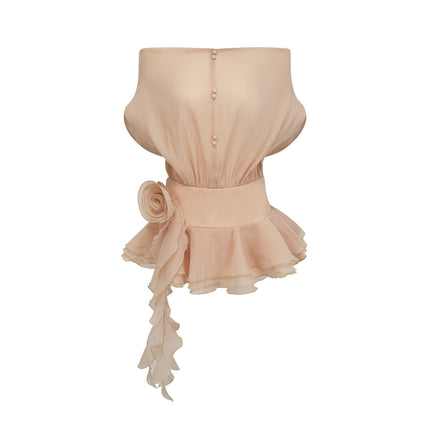 Juliet Mini Dress Neutrals Floral Appliques Pleated Off Shoulder Tiered Skirt