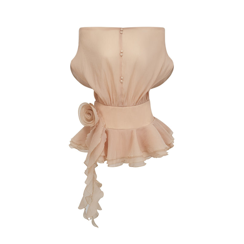 Juliet Mini Dress Neutrals Floral Appliques Pleated Off Shoulder Tiered Skirt