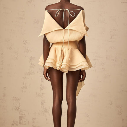 Juliet Mini Dress Neutrals Floral Appliques Pleated Off-Shoulder Silhouette Tiered Skirt Flounce Hem Ribbon Detailing Decorative Buttons Rear Tie Zip Fastening Thigh-Length Internal Shorts