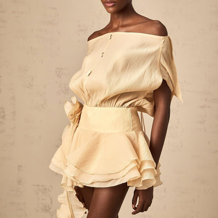 Juliet Mini Dress Neutrals Floral Appliques Pleated Off-Shoulder Tiered Skirt Flounce Hem Ribbon Detailing Buttons Tie Zip Fastening Shorts