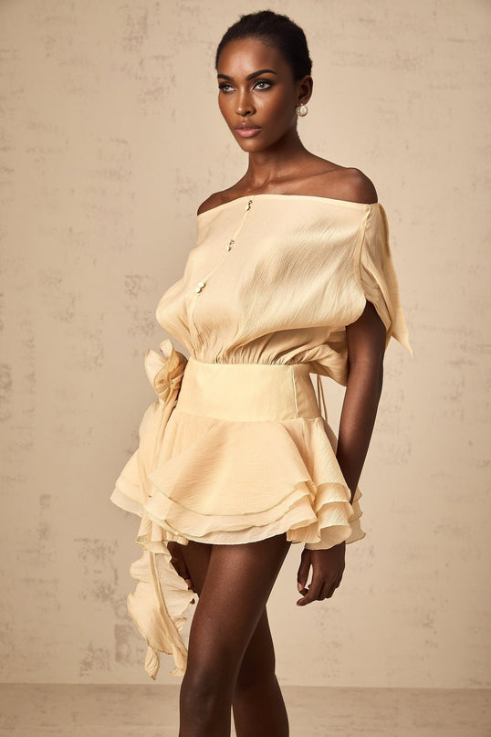 Juliet Mini Dress Neutrals Floral Appliques Pleated Off-Shoulder Tiered Skirt Flounce Hem Ribbon Detailing Buttons Tie Zip Fastening Shorts