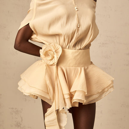 Juliet Mini Dress Neutrals Floral Appliques Pleated Off Shoulder Silhouette Tiered Skirt Flounce Hem Ribbon Detailing Decorative Buttons Rear Tie Zip Fastening Thigh Length Internal Shorts
