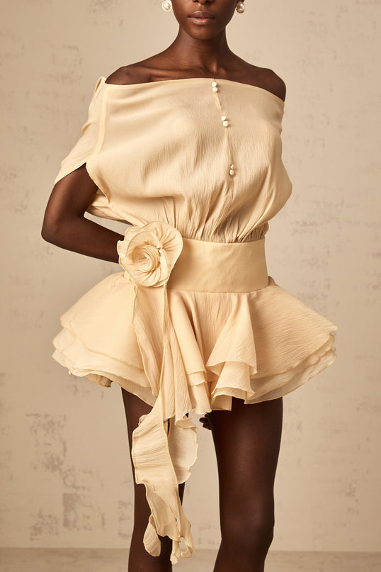 Juliet Mini Dress Neutrals Floral Appliques Pleated Off Shoulder Silhouette Tiered Skirt Flounce Hem Ribbon Detailing Decorative Buttons Rear Tie Zip Fastening Thigh Length Internal Shorts
