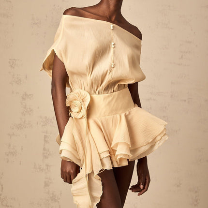 Juliet Neutrals Floral Appliqué Mini Dress with Pleated Detailing