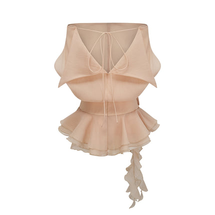 Juliet Neutrals Floral Applique Mini Dress with Pleated Detailing and Off-the-Shoulder Silhouette