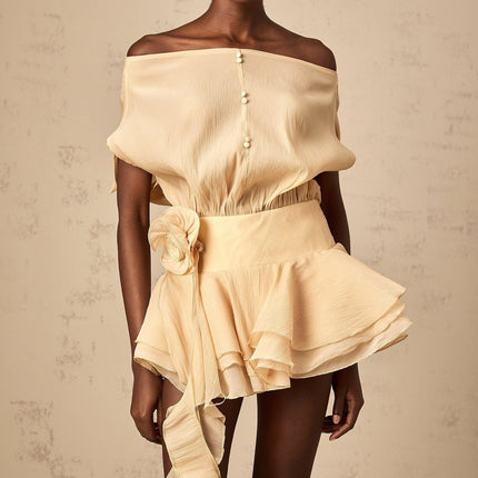 Juliet Neutrals Floral Applique Mini Dress Luxury Elegance Romance