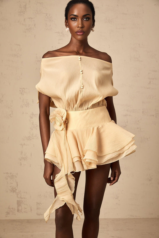 Juliet Neutrals Floral Applique Mini Dress Luxury Elegance Romance